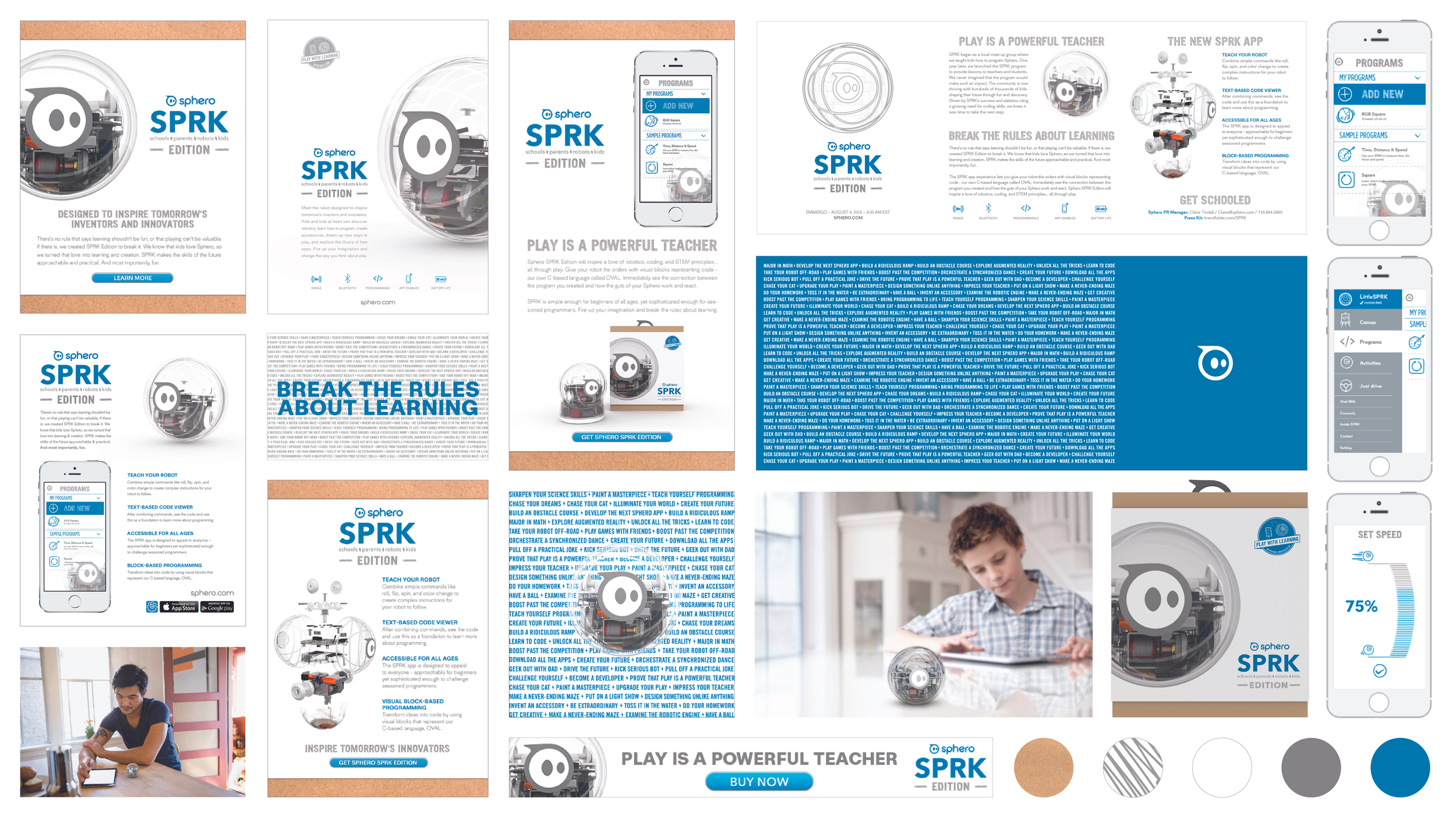 Sphero SPRK Edition campaign board: print ads, press release, app UI screens, packaging and color swatches